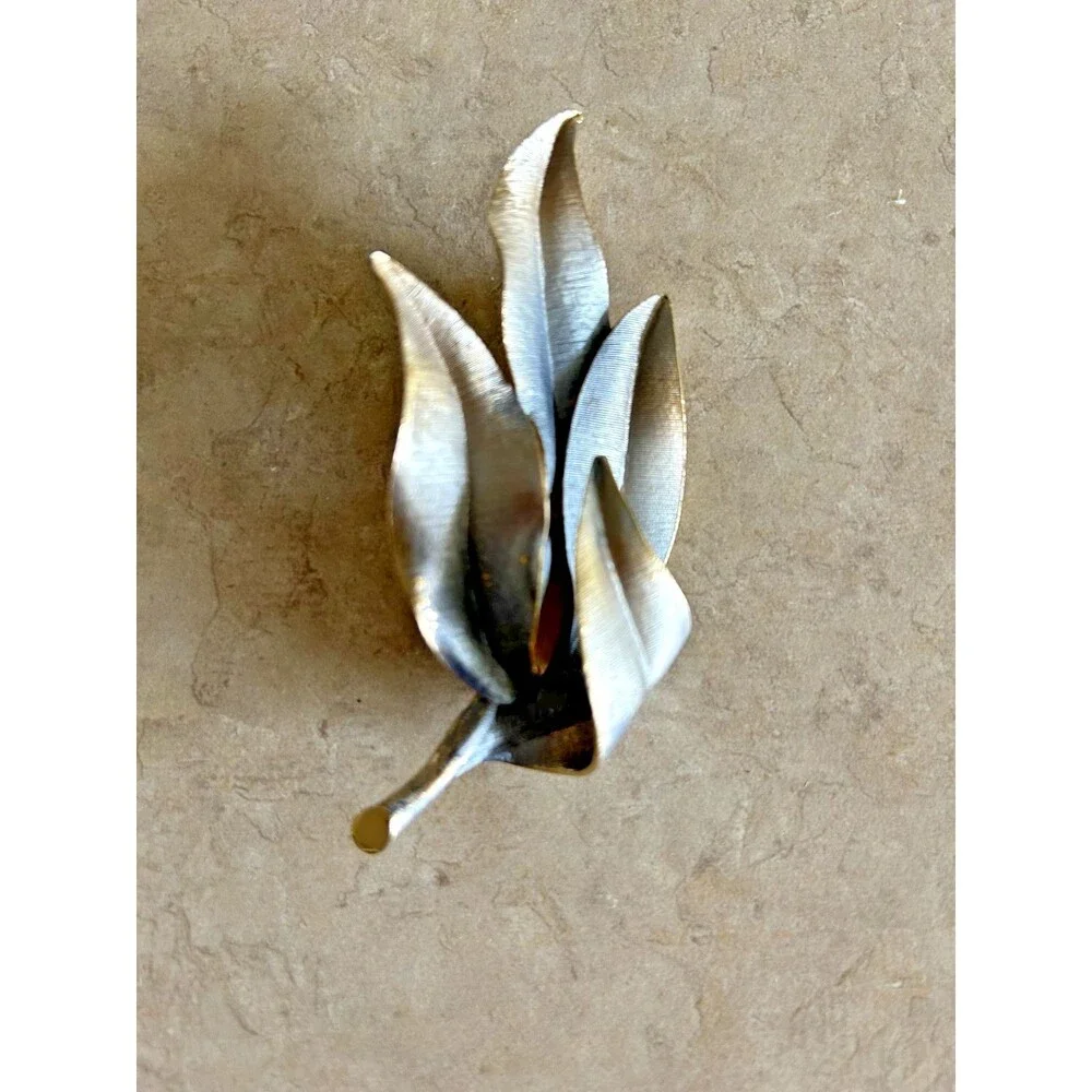 Vintage MCM 1950's Kramer of NY Blue Leaf Brooch w/ Brushed Silver Tone Base